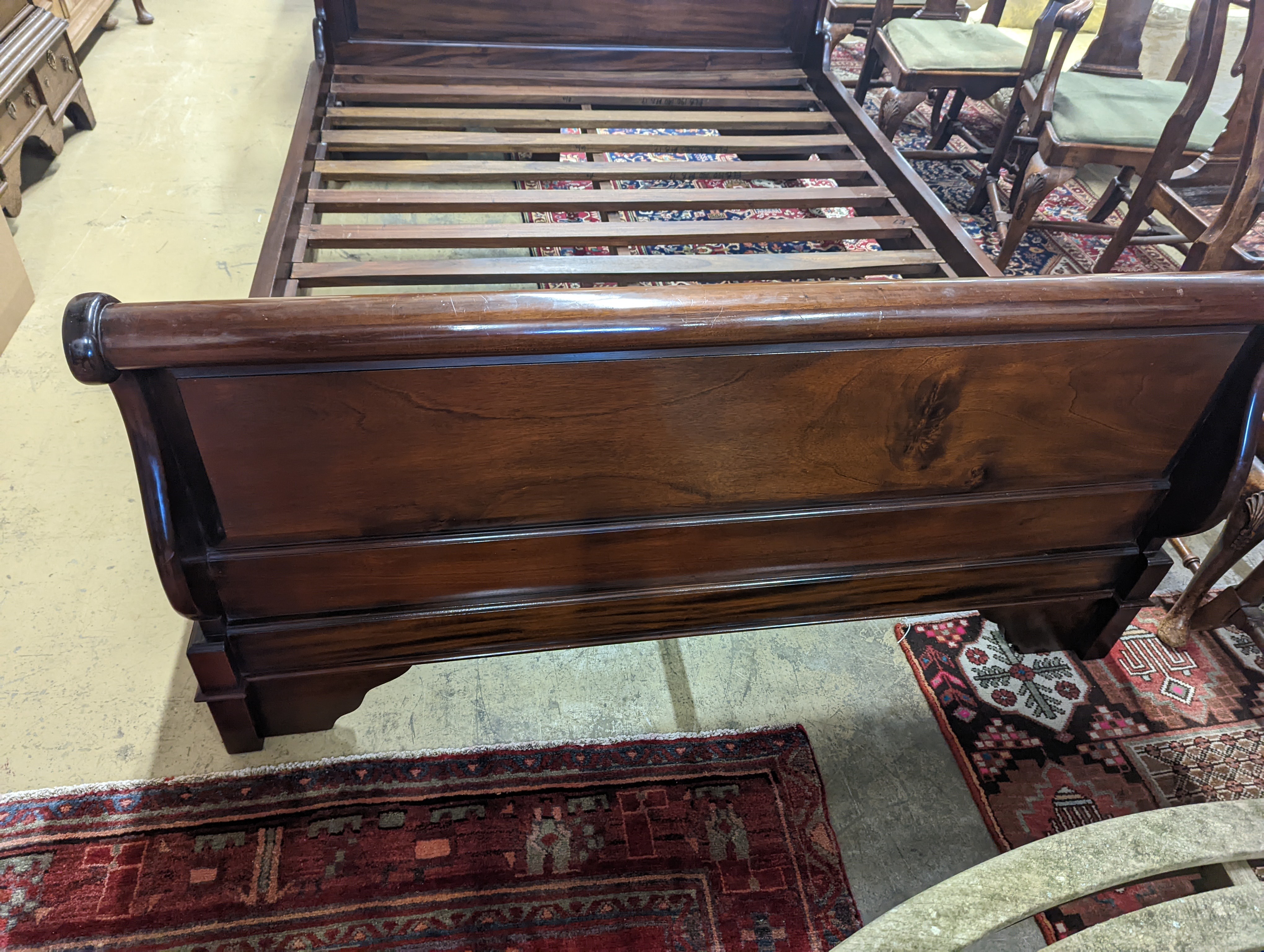 A French style mahogany sleigh bed, length 210cm, width 148cm